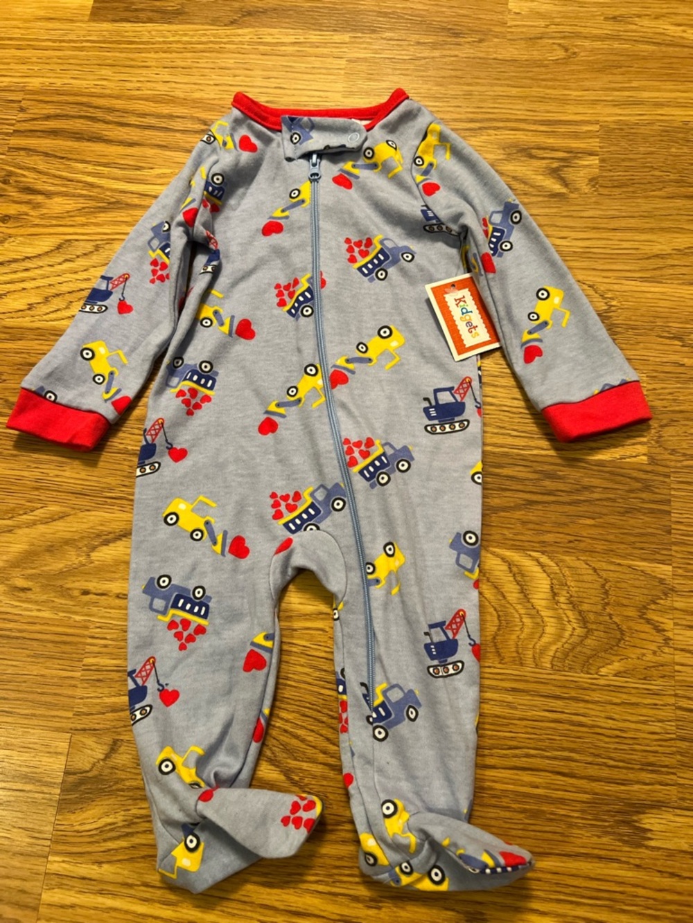 NWT Kids' Boys Gray Construction Print One-Piece Sleeper with Red Trim